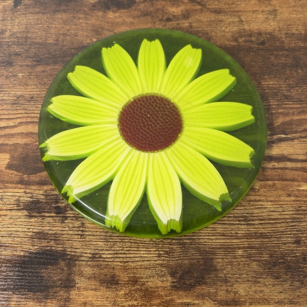 Resin Lucite 1960's Hanging Trivet Hot Plate Green White Daisy Mod Kitschy